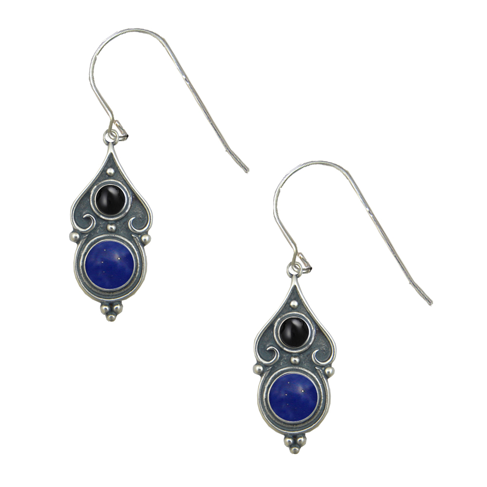 Sterling Silver Designer Post Stud Earrings With Lapis Lazuli And Black Onyx